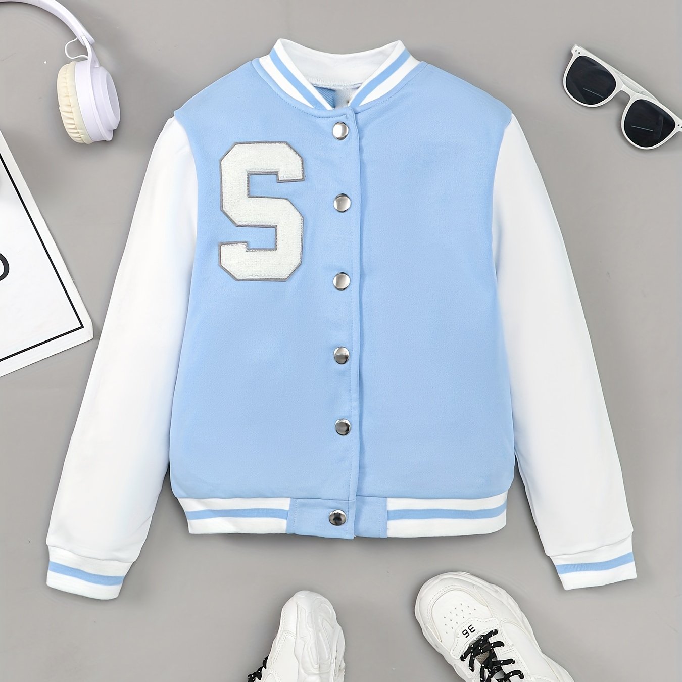 Boys Casual Block Letter Print Long Sleeve Button Down Baseball Jacket