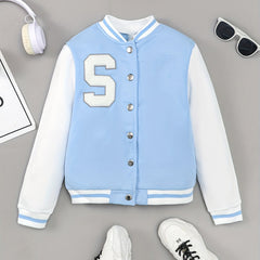 Boys Casual Block Letter Print Long Sleeve Button Down Baseball Jacket