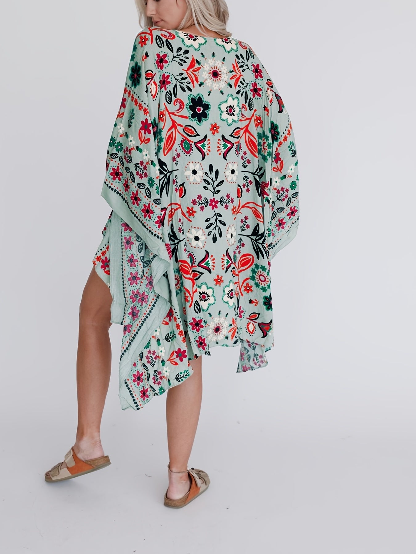 Floral Print Loose Fit Cover Up Rash Guard Kimono