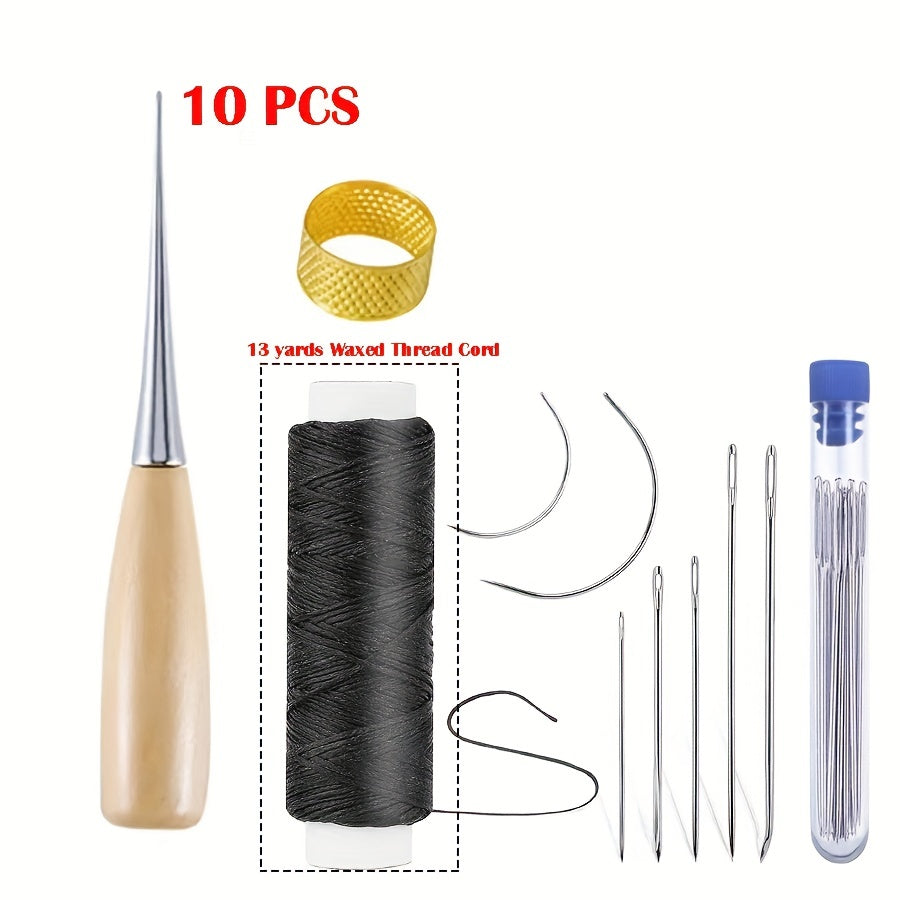 12pcs Leather Sewing Kit w/ 33 Yards Waxed Thread Cord & Large Eye Needles