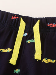 Cartoon Car Shorts & Striped T Shirt Set For Kids Breathable Cotton
