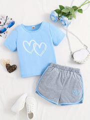 2pcs Toddler Girls Heart Graphic T Shirts & Track Shorts Set