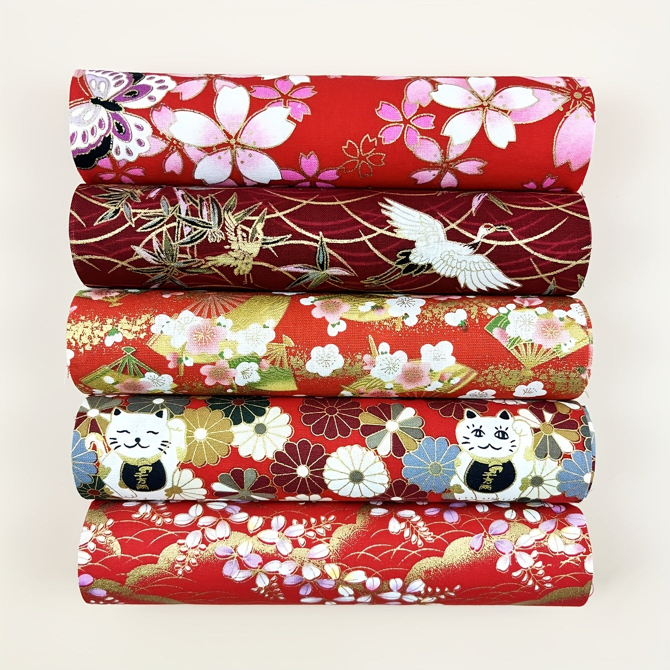 5pcs Red Cotton Fabric Bundles for DIY Sewing Quilting