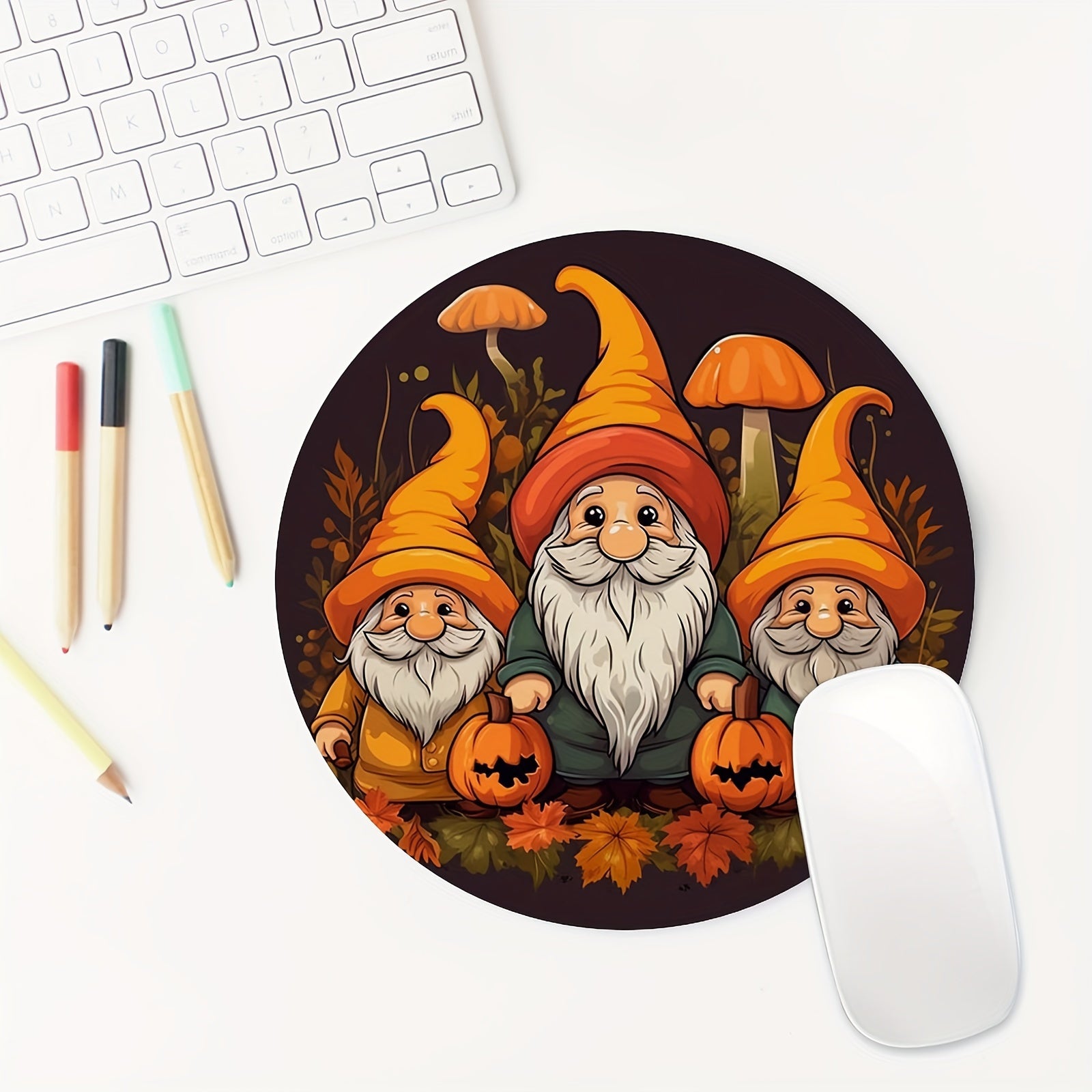 Fall Gnomes Round Mouse Pad Non Slip Rubber Base Small Size