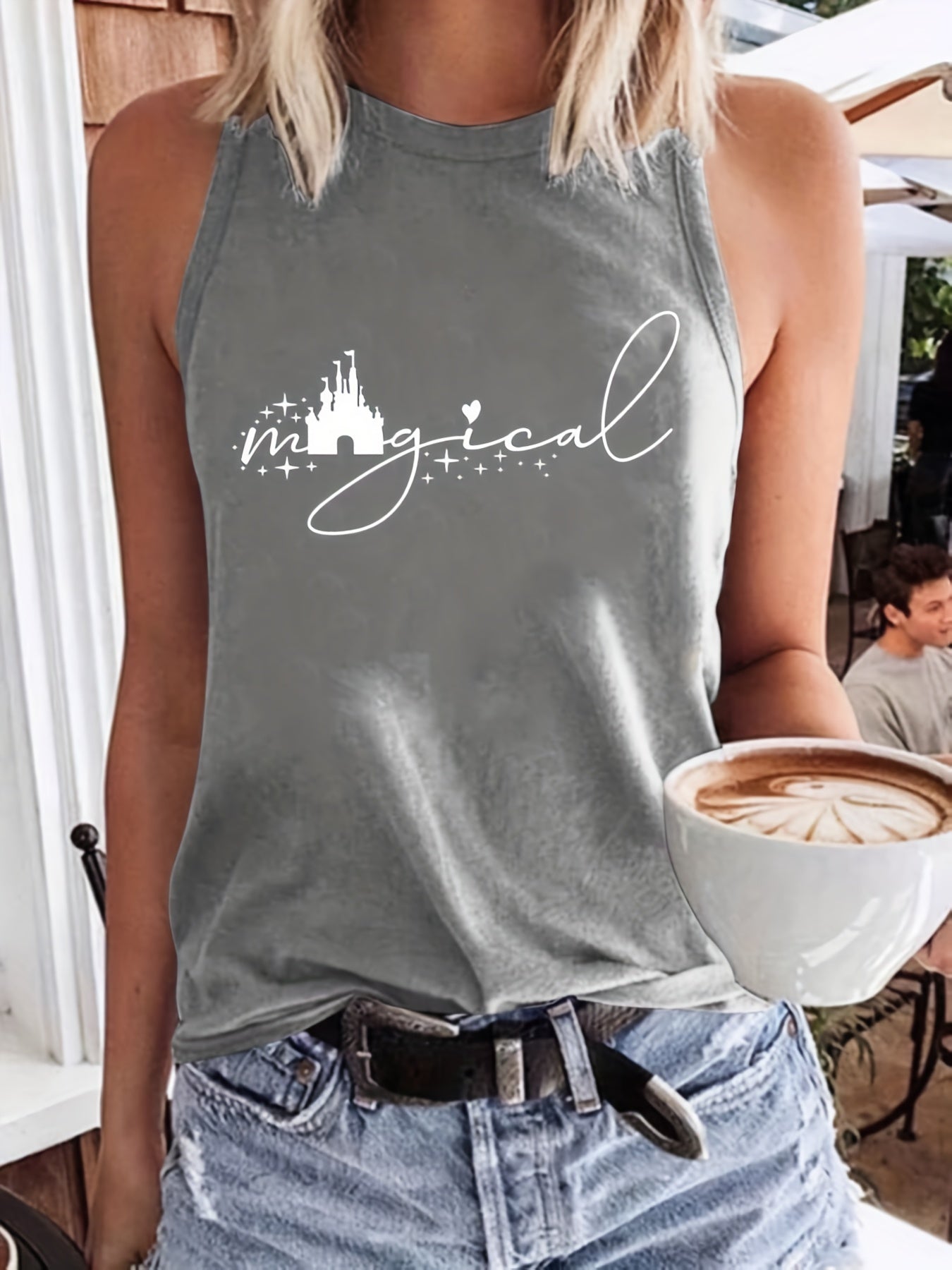 Castle & Letter Print Tank Top Sleeveless Casual Top for Women