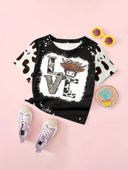 Girls Cow Print LOVE Print T shirt Western Style Tees Pullover Party Gift