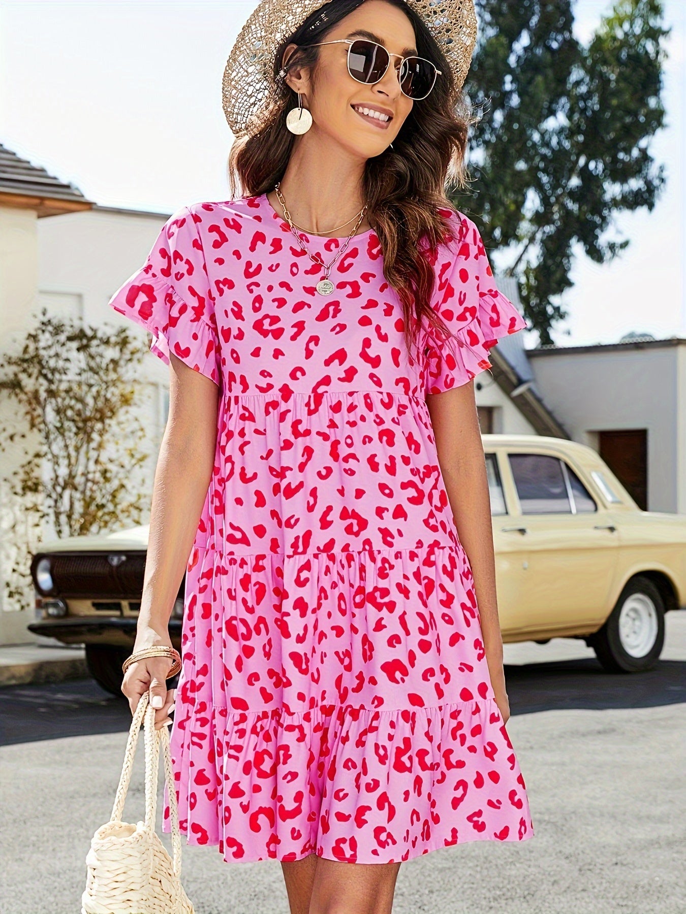 Ditsy Print Short Sleeve Round Neck Mini Smock Dress