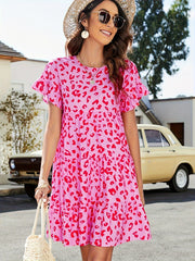 Ditsy Print Short Sleeve Round Neck Mini Smock Dress