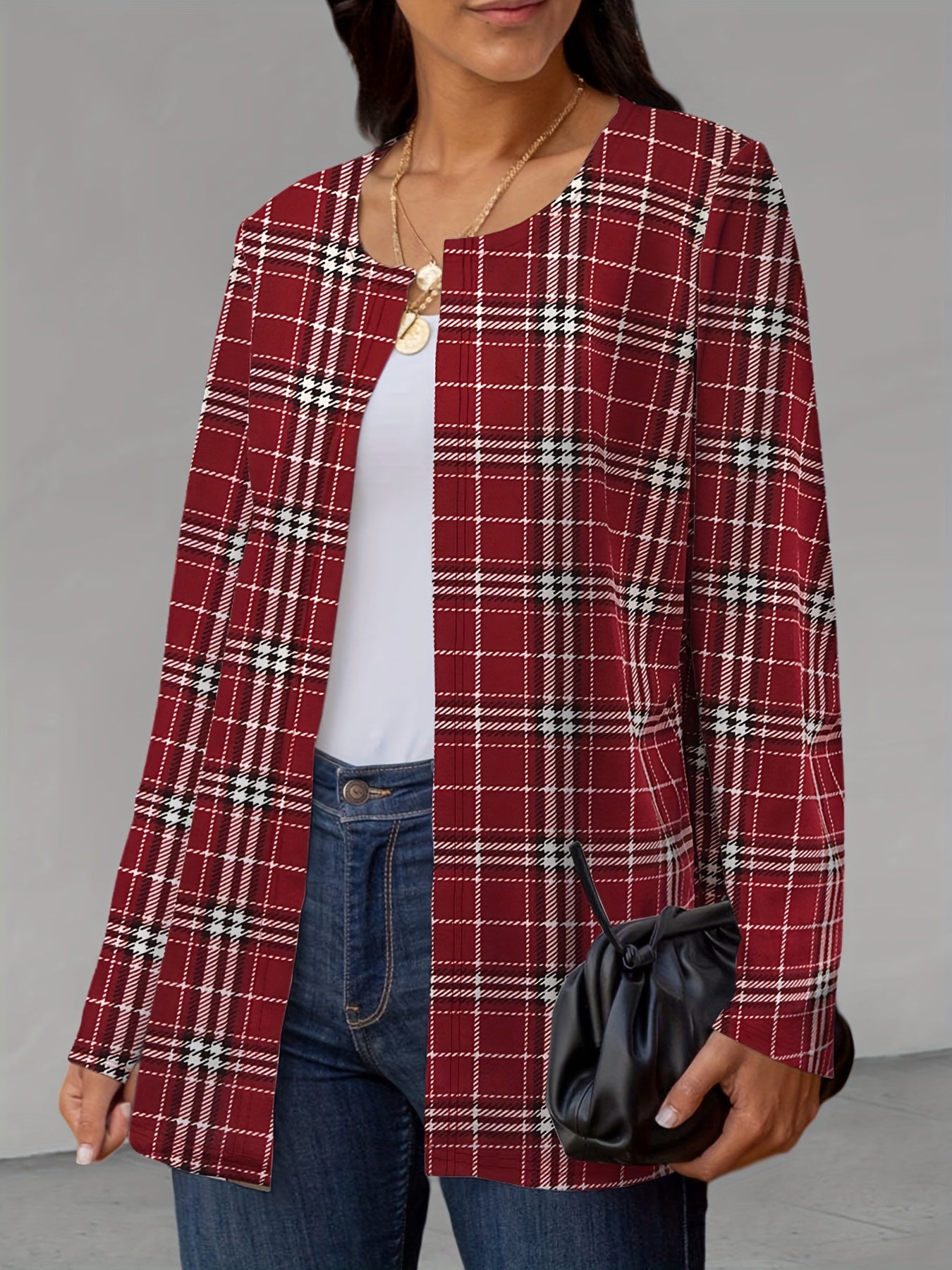 Houndstooth Print Open Front Jacket Long Sleeve Outerwear