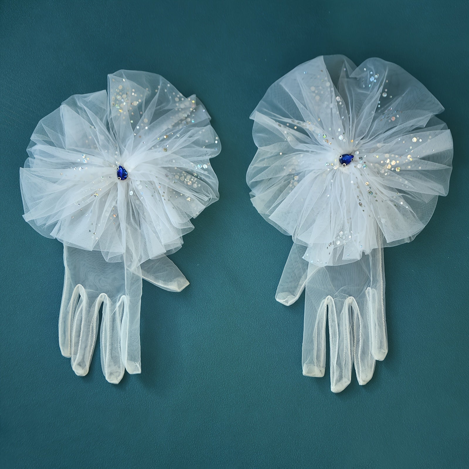 Short Fingerless Floral Bridal Gloves with Mesh Flower & Gemstones