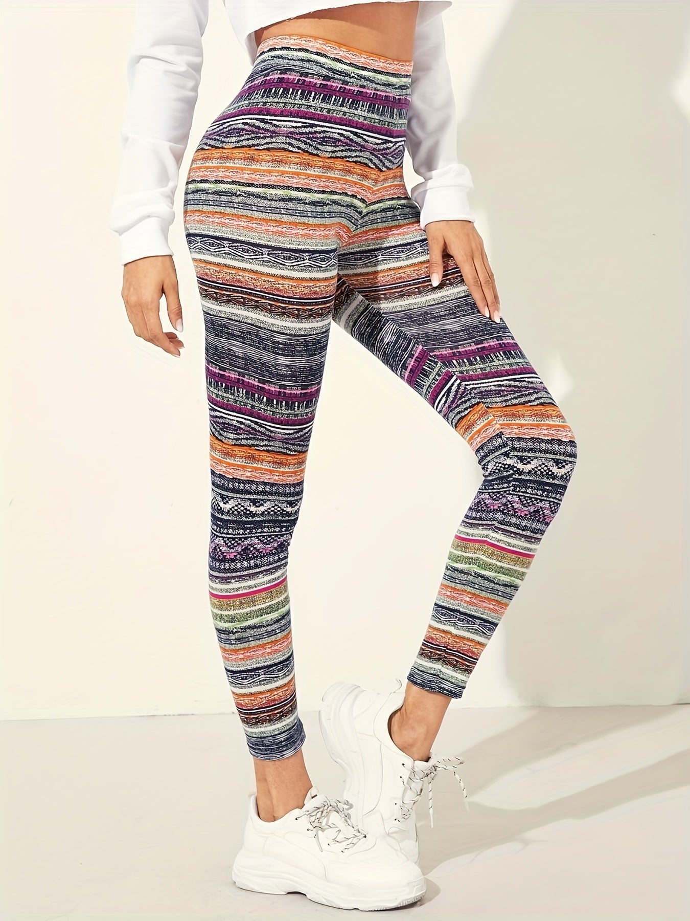 Striped High Waist Skinny Leggings Women's Clothing