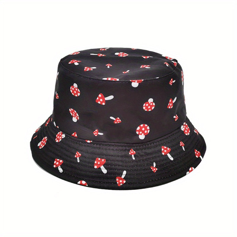 Red Mushroom Print Bucket Hat Solid Reversible Fisherman Cap