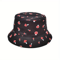 Red Mushroom Print Bucket Hat Solid Reversible Fisherman Cap