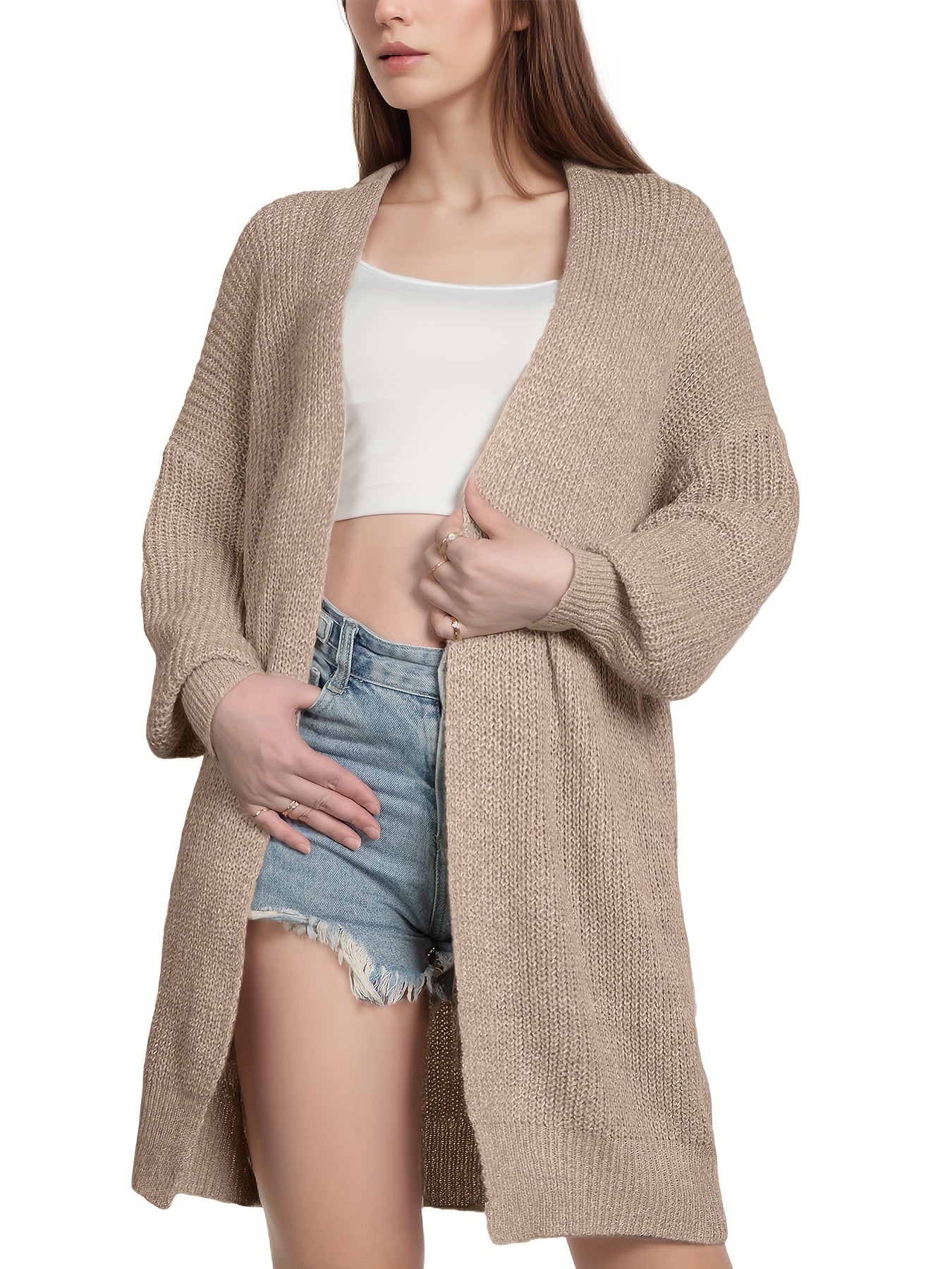 Drop Shoulder Knit Cardigan Open Front Long Sleeve Sweater