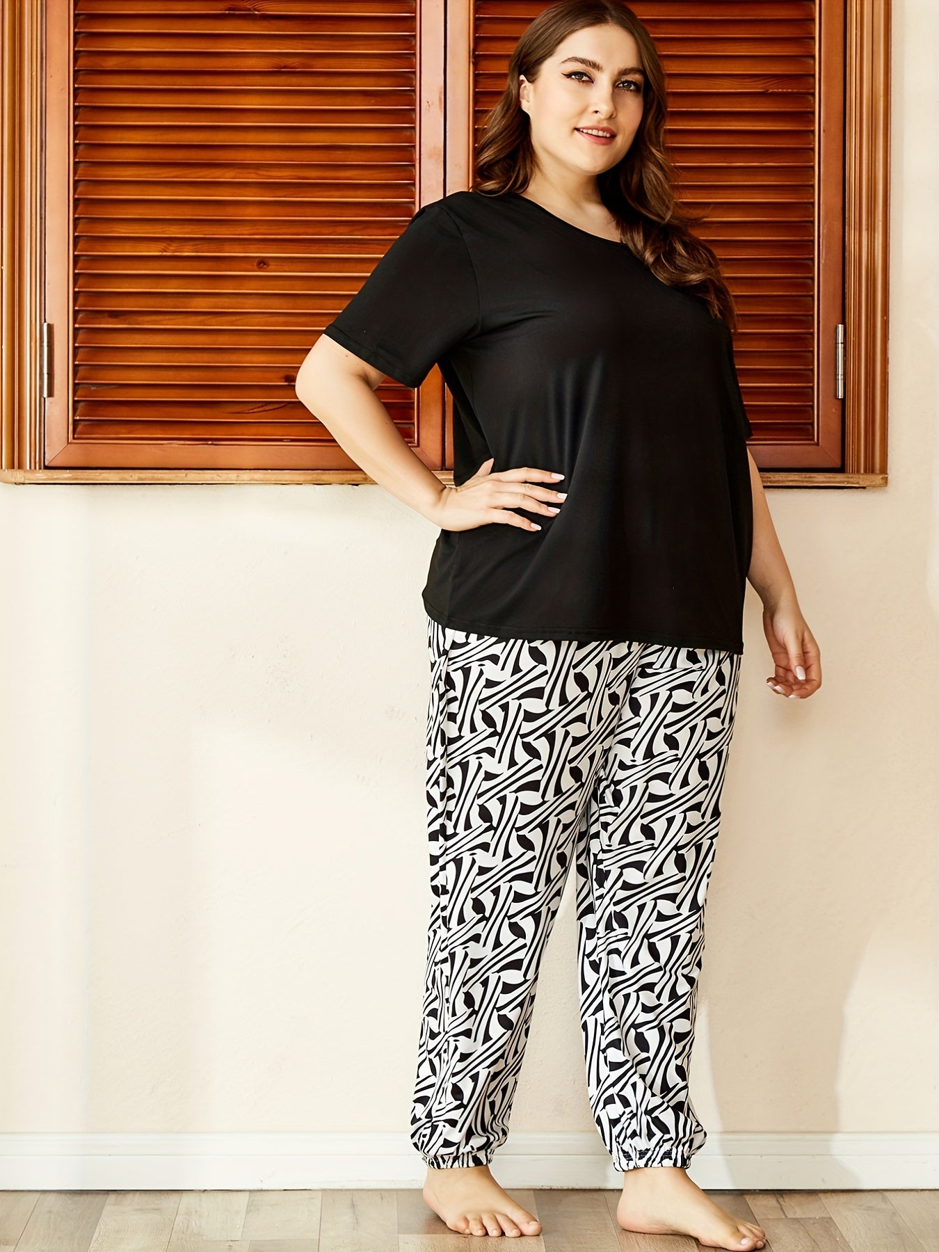 Casual Pajama Set Women's Short Sleeve Top & Print Pants Two Piece Set