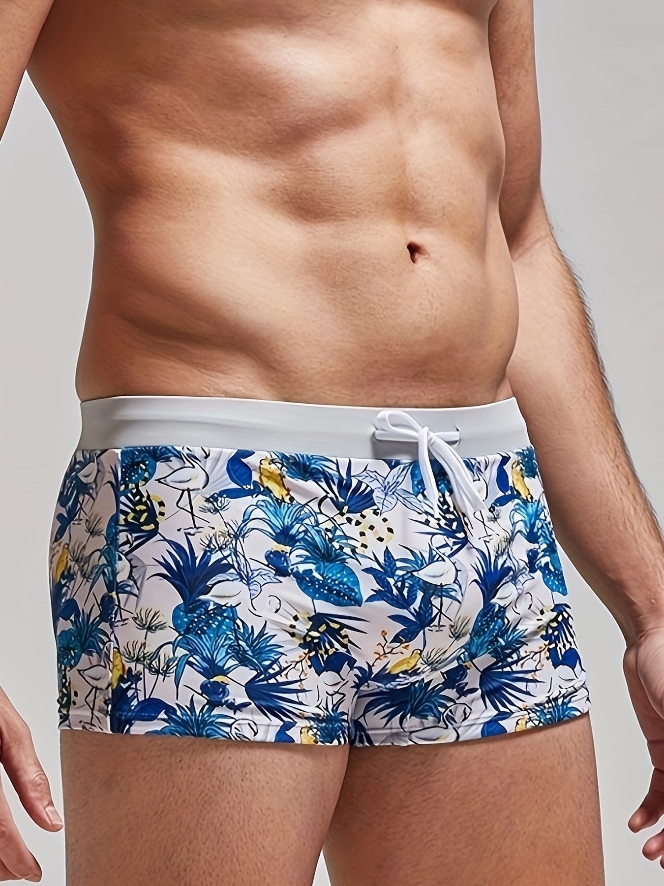Men's Plants Print Drawstring Block Briefs for Beach Surfing