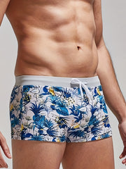 Men's Plants Print Drawstring Block Briefs for Beach Surfing