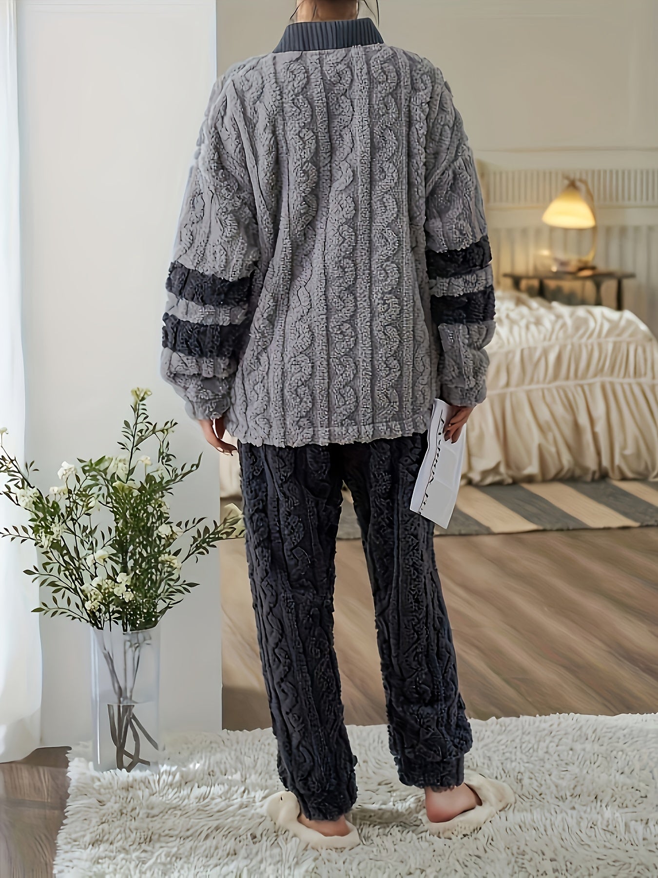 Fuzzy Textured Pajama Set Long Sleeve Women's Sleepwear