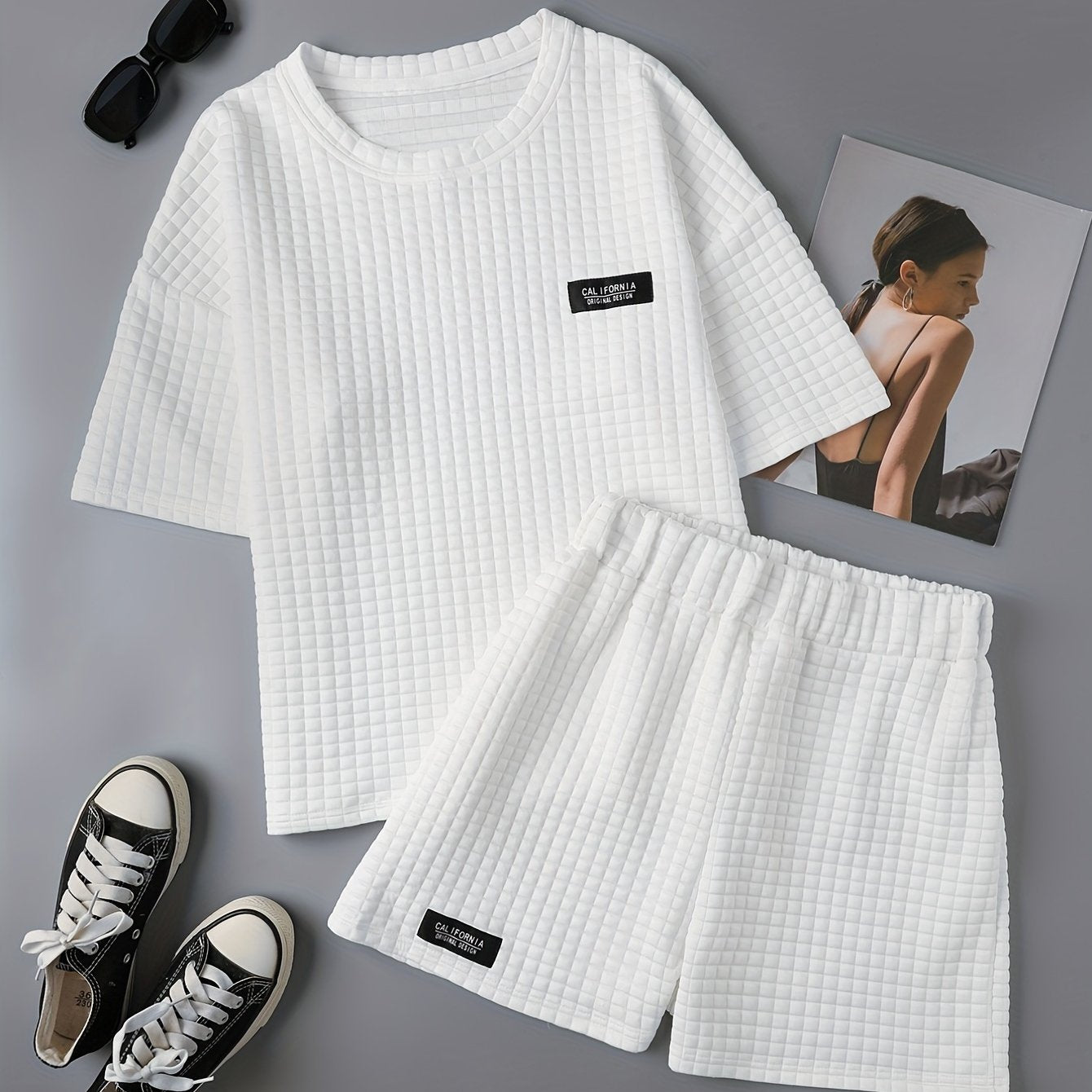 Waffle Casual Two piece Set T shirt & Shorts Women's Clothing