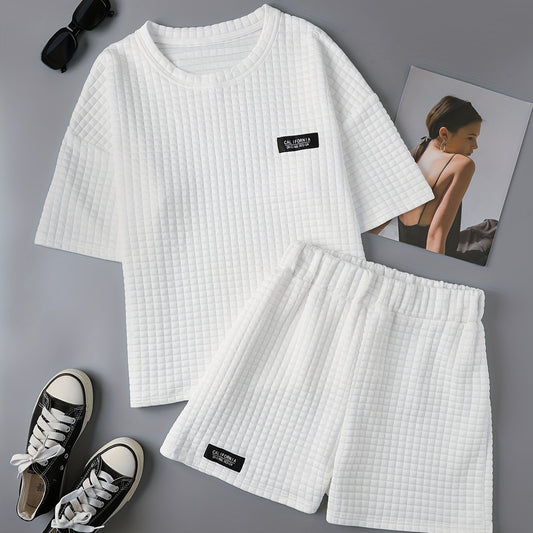 Waffle Casual Two piece Set T shirt & Shorts Women's Clothing