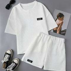 Waffle Casual Two piece Set T shirt & Shorts Women's Clothing