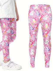 Girls' Cartoon Print Outwear Leggings, High Elasticity Sports Pants
