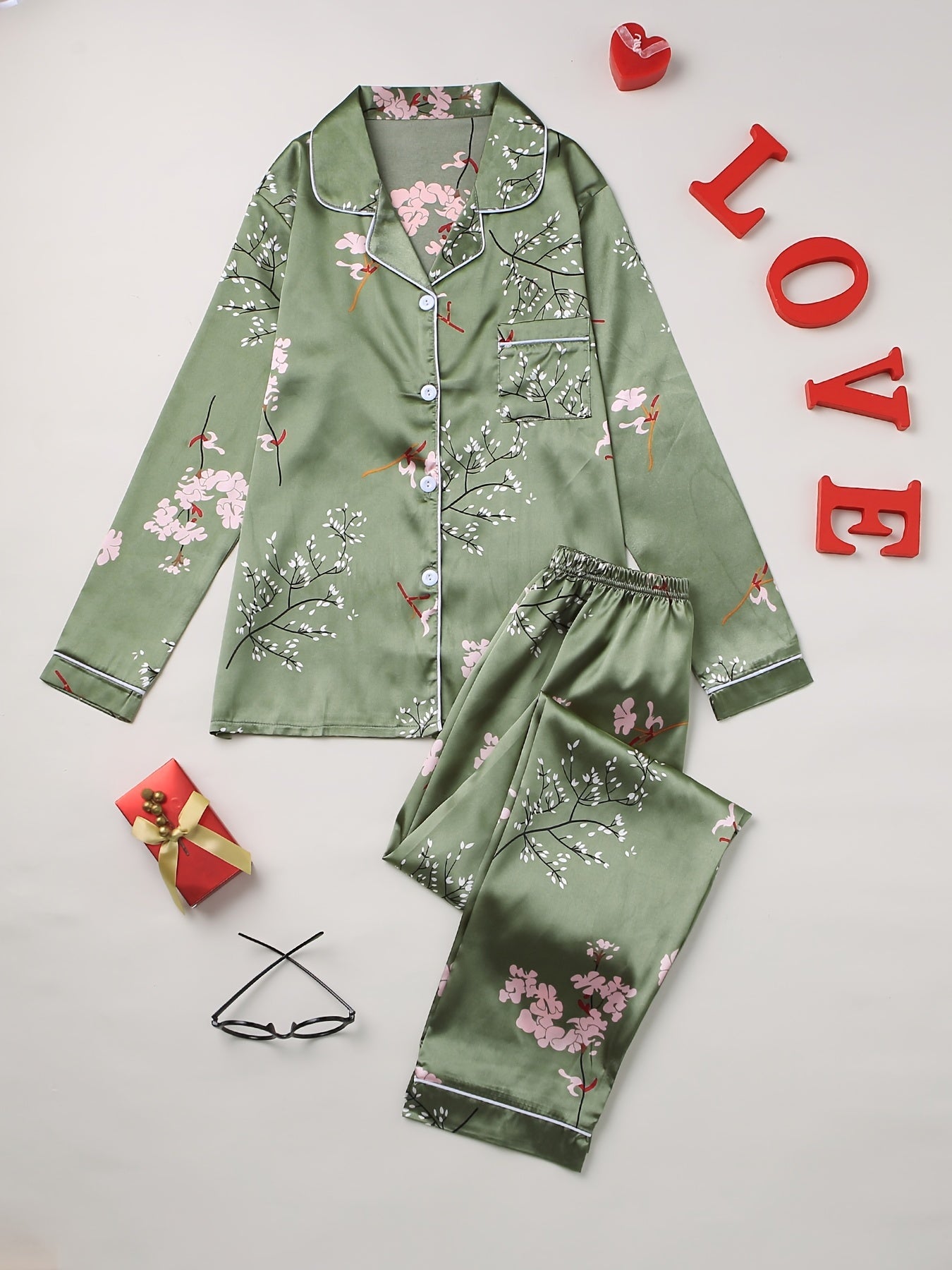 Floral Print Pajama Set Long Sleeve Blouse Top