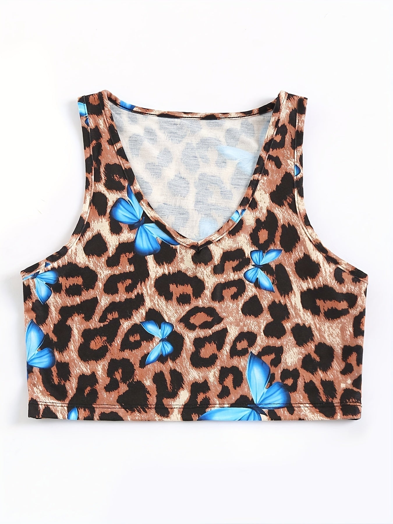 Leopard & Butterfly Print Tank Top V Neck Sleeveless Top