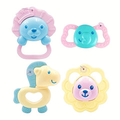 4pcs Baby Rattles Teether Toy Animal Shape Molar Biteable Safe Material