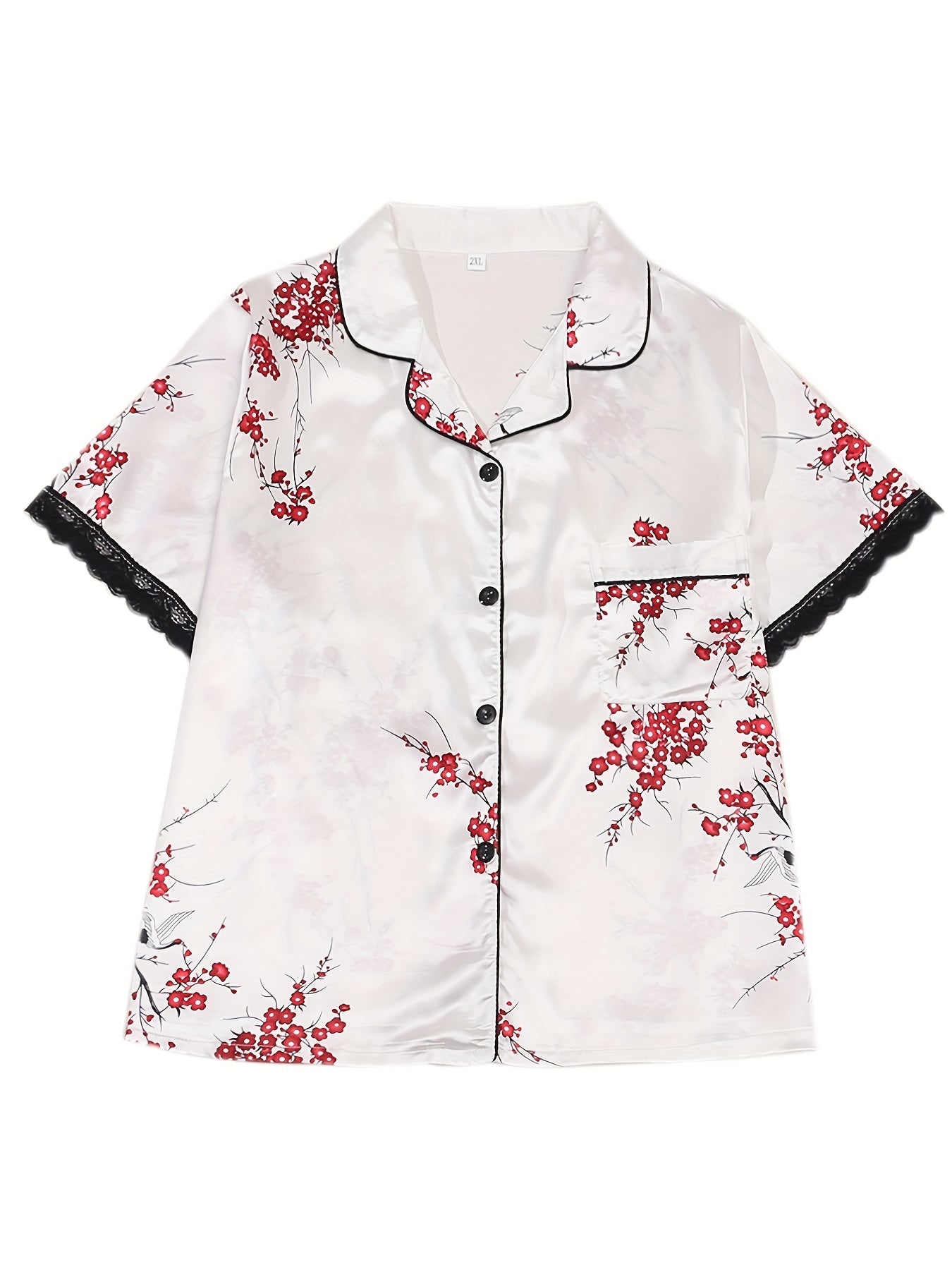 Satin Floral Print Lace Trim Pajama Set
