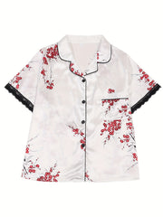 Satin Floral Print Lace Trim Pajama Set