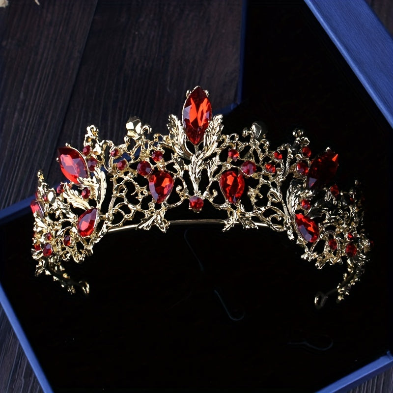 Red Rhinestone Crown Tiara Necklace Earrings Set