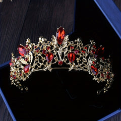 Red Rhinestone Crown Tiara Necklace Earrings Set
