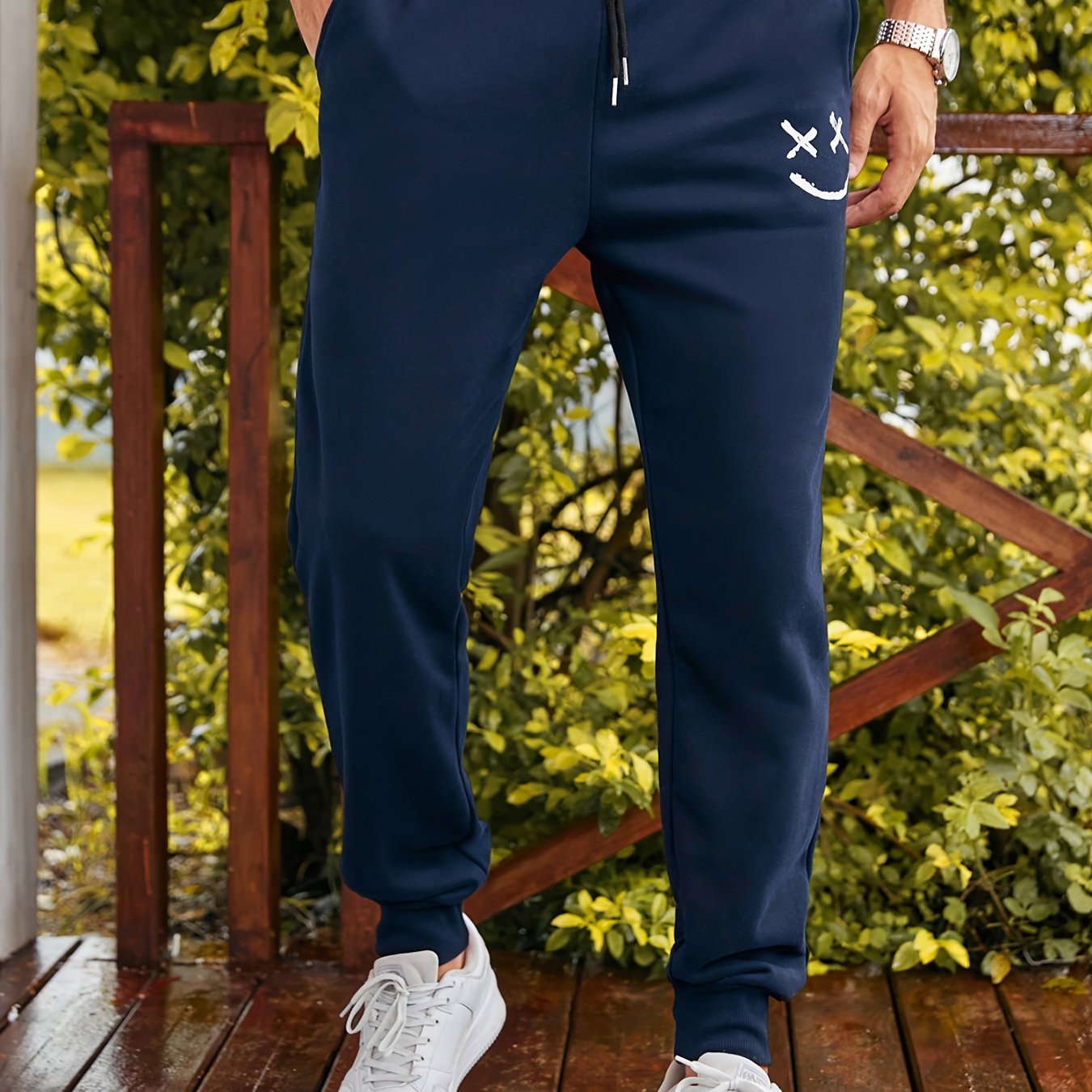 Men's Smiling Face Graphic Drawstring Sweatpants for Exercise