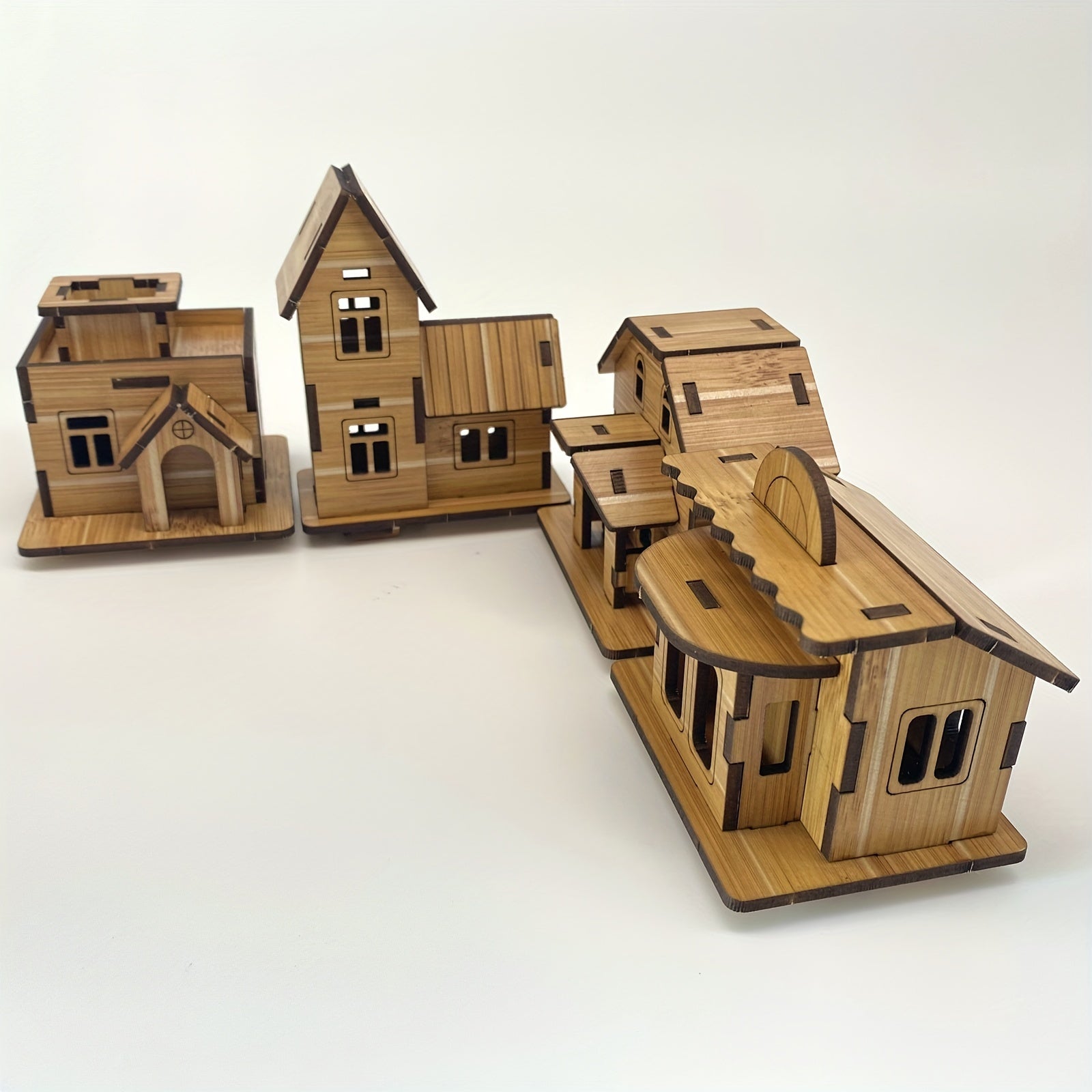 4pcs Mini Wooden 3D Puzzle Kit DIY Building Models Brain Teaser Educational Toy
