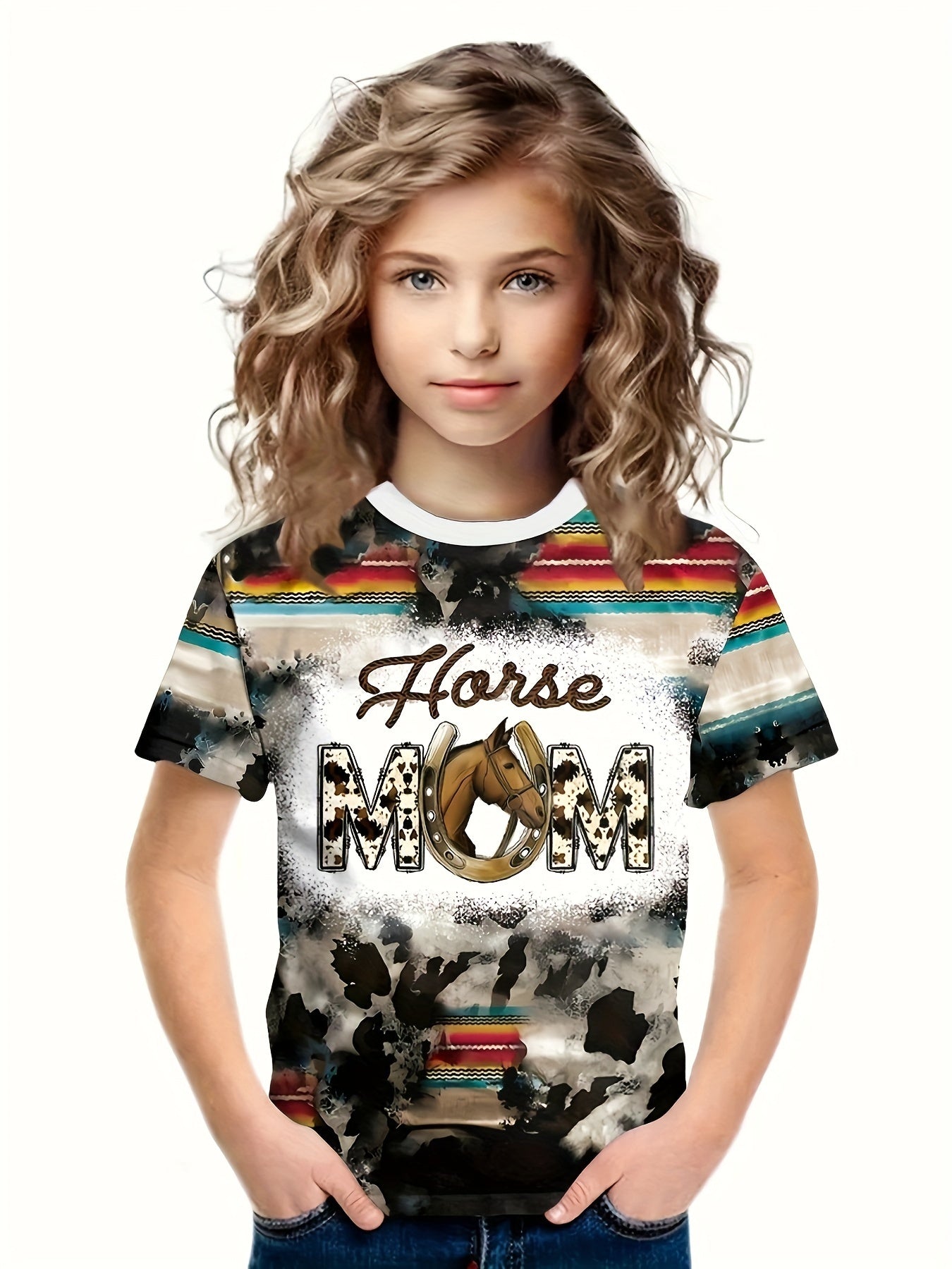 Western Style HORSE MOM Print Short Sleeve T shirt Girls Comfy Pullover Tops