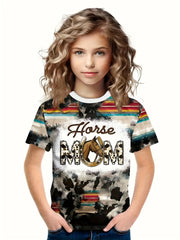 Western Style HORSE MOM Print Short Sleeve T shirt Girls Comfy Pullover Tops
