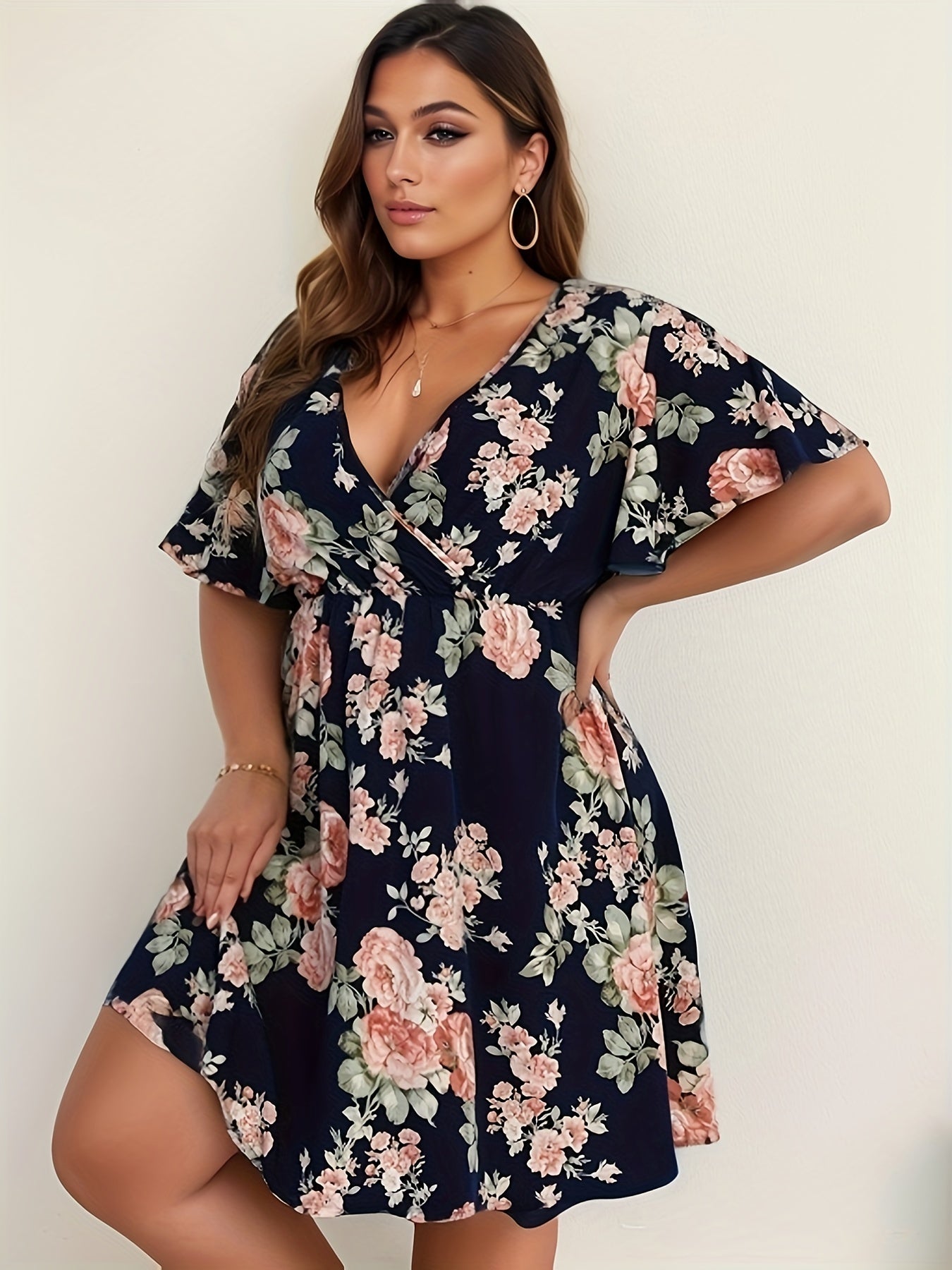 Floral Print Dress Flutter Sleeve Stretchy Casual D