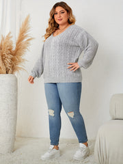 Plus Size Solid Long Sleeve Knit Top V Neck Drop Shoulder Pullover