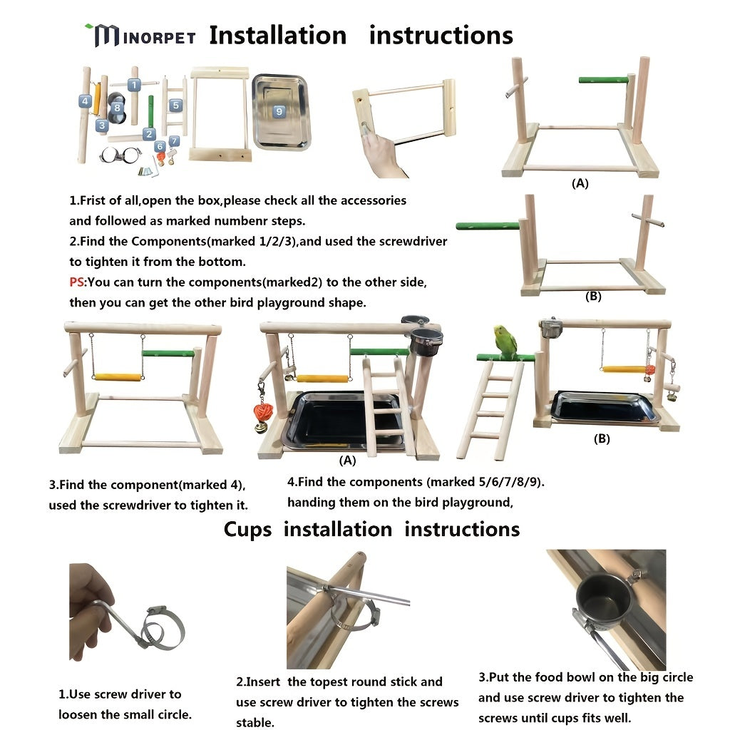Wooden Bird Training Station with Feeding Game Swing Stairs