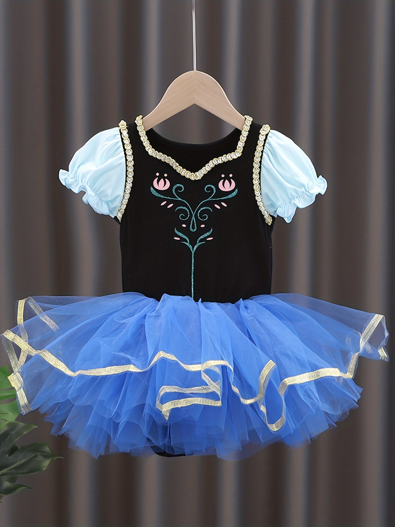 Girls Floral Embroidery Tulle Tutu Mesh Puff Sleeve Princess Ballet Dance Dress