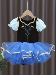 Girls Floral Embroidery Tulle Tutu Mesh Puff Sleeve Princess Ballet Dance Dress