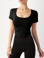 Women's U Neck Short Sleeve Athletic T Shirt with Cutout Back