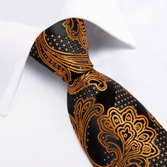 Men's Golden Striped Paisley Floral Necktie Set Silk Woven Business