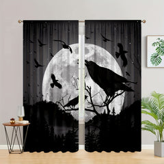 2 Panels Moon Crow Printed Curtains Rod Pocket Window Curtains