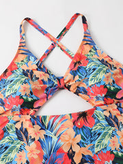 Tropical Print Side Drawstring Cut Out One Piece Beachwear Swimsuit