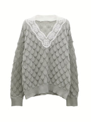 V Neck Sweater with Lace Long Sleeve