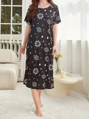 Starry Print NightDress Short Sleeve Crew Neck Pajama Dress
