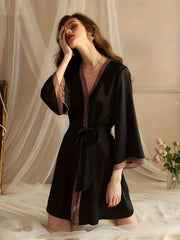 Lace Stitching Lounge Robes V Neck Long Sleeve Home Robe Women's Loungewear