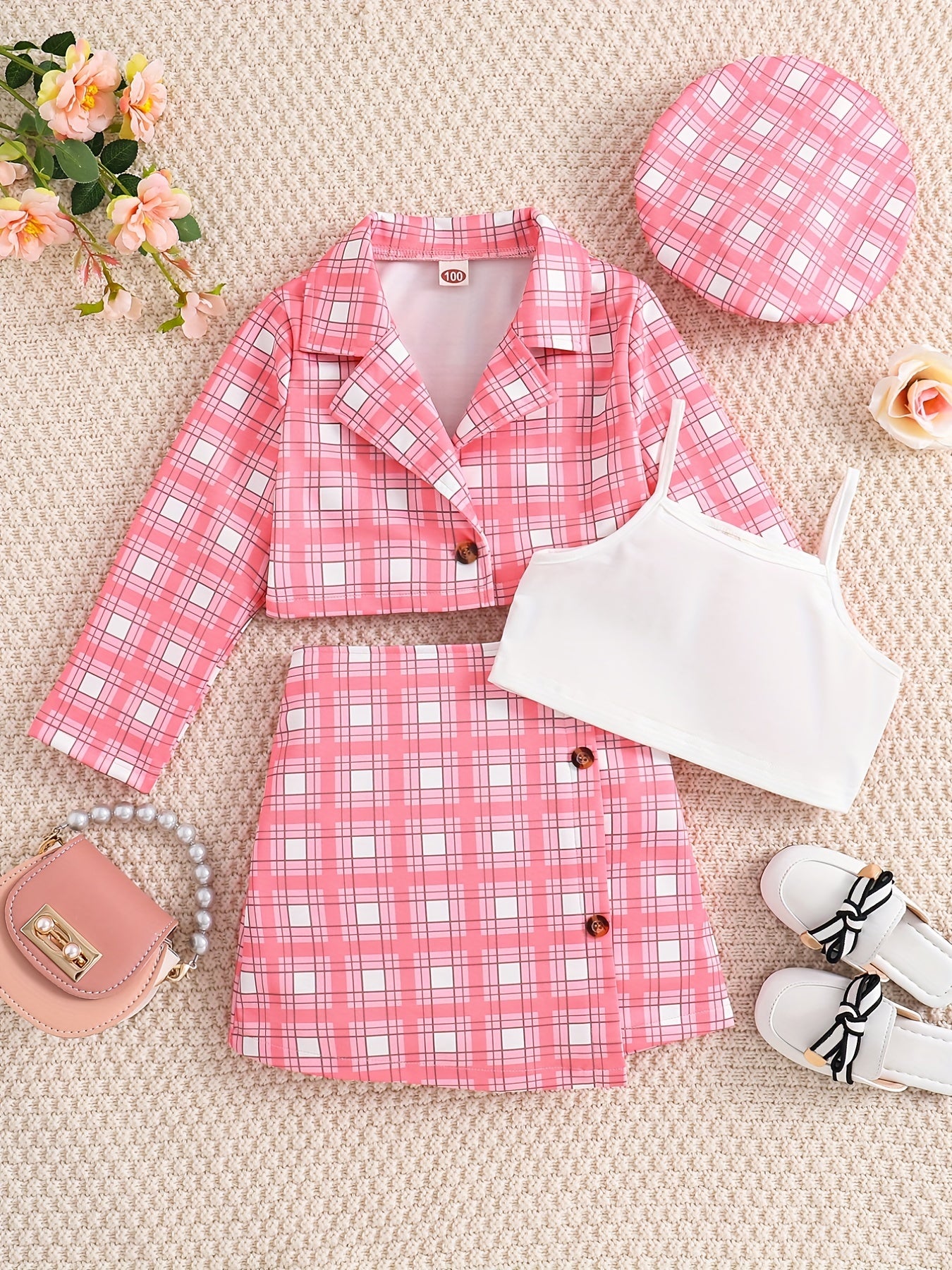 Girl's 4pcs Plaid Blazer & Beret Hat Set